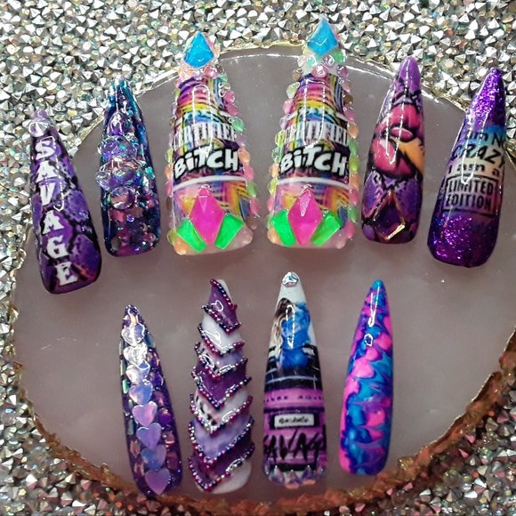 *LIVIN THAT SAVAGE LIFE* Handmade Hard Gel XXL Stiletto Press On Nails - Picture 1 of 12